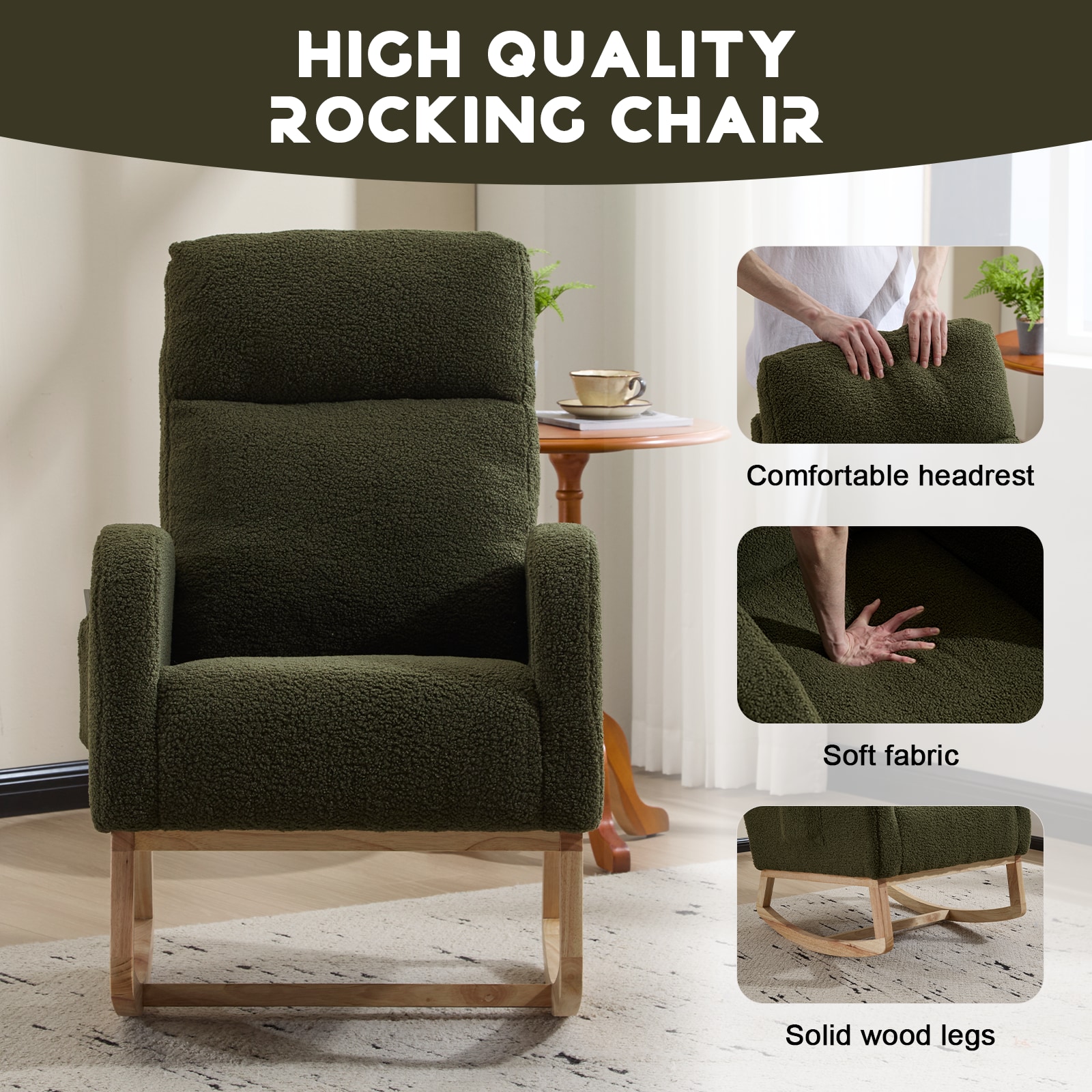 Modern Accent Rocking Chair Rocking Chair With Solid Wood Legs, Upholstered Nursery Glider Rocker, Comfy Armchair With Side Pocket, Living Room Lounge Arm Chair With High Backrest (Dark Green,teddy)_voghion.com